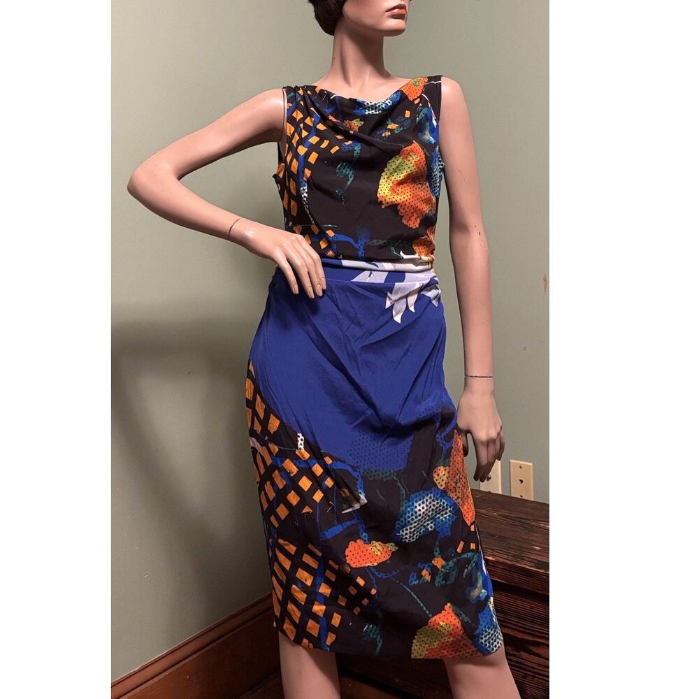 ETRO Blue Multi Floral Stretch Silk Sleeveless/Cowl/Ruched Sheath DRESS IT42/US6